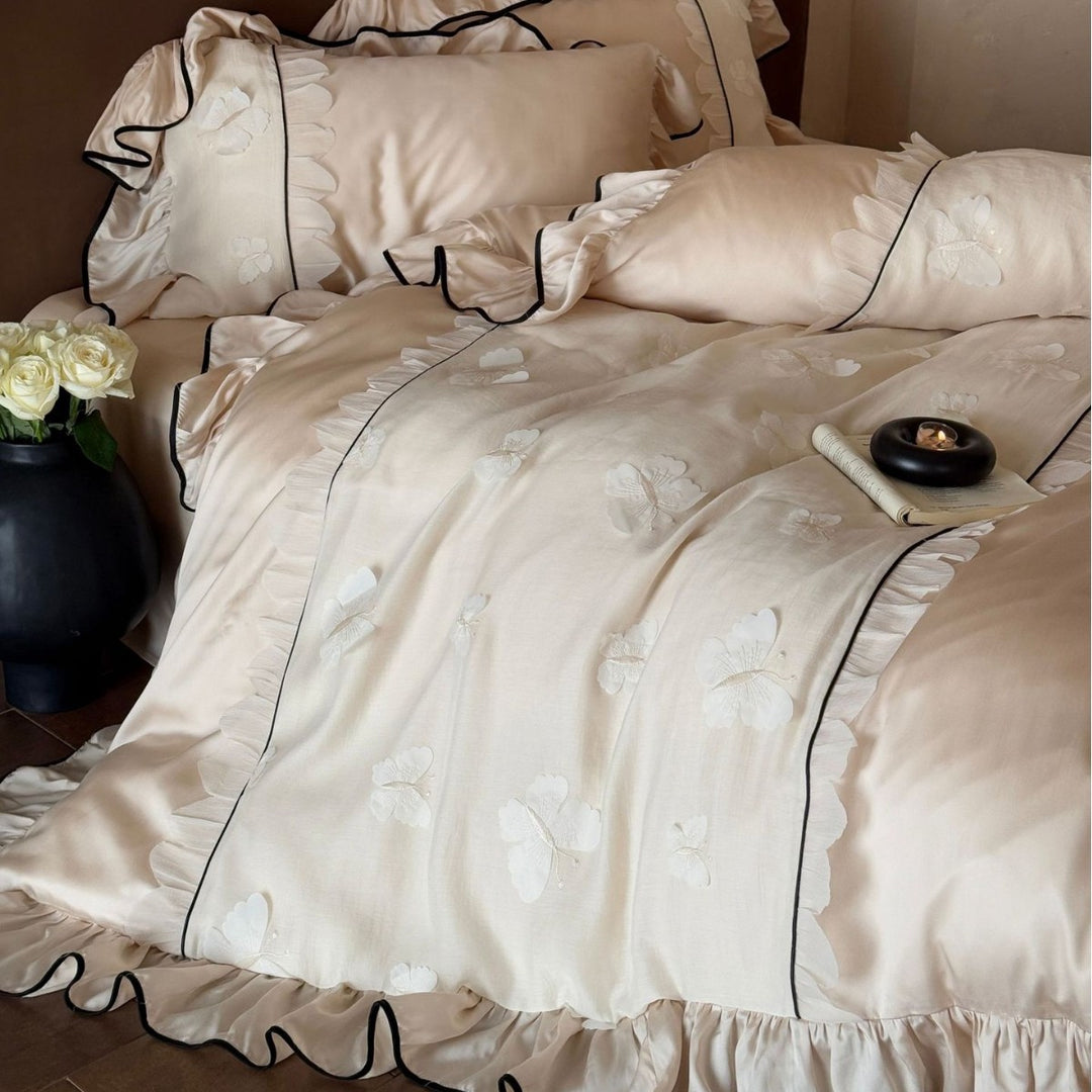 Luxurious Ruffled Bedding Set with Embroidered Butterflies