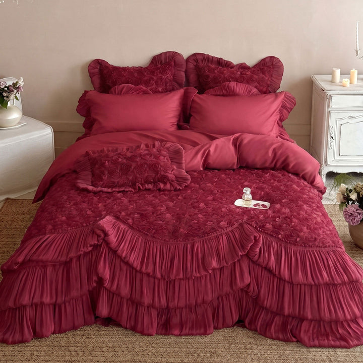 Ruffled Rosette Textured Duvet Cover Set with Pleated Layered Bed Skirt and Frilled Pillow Shams