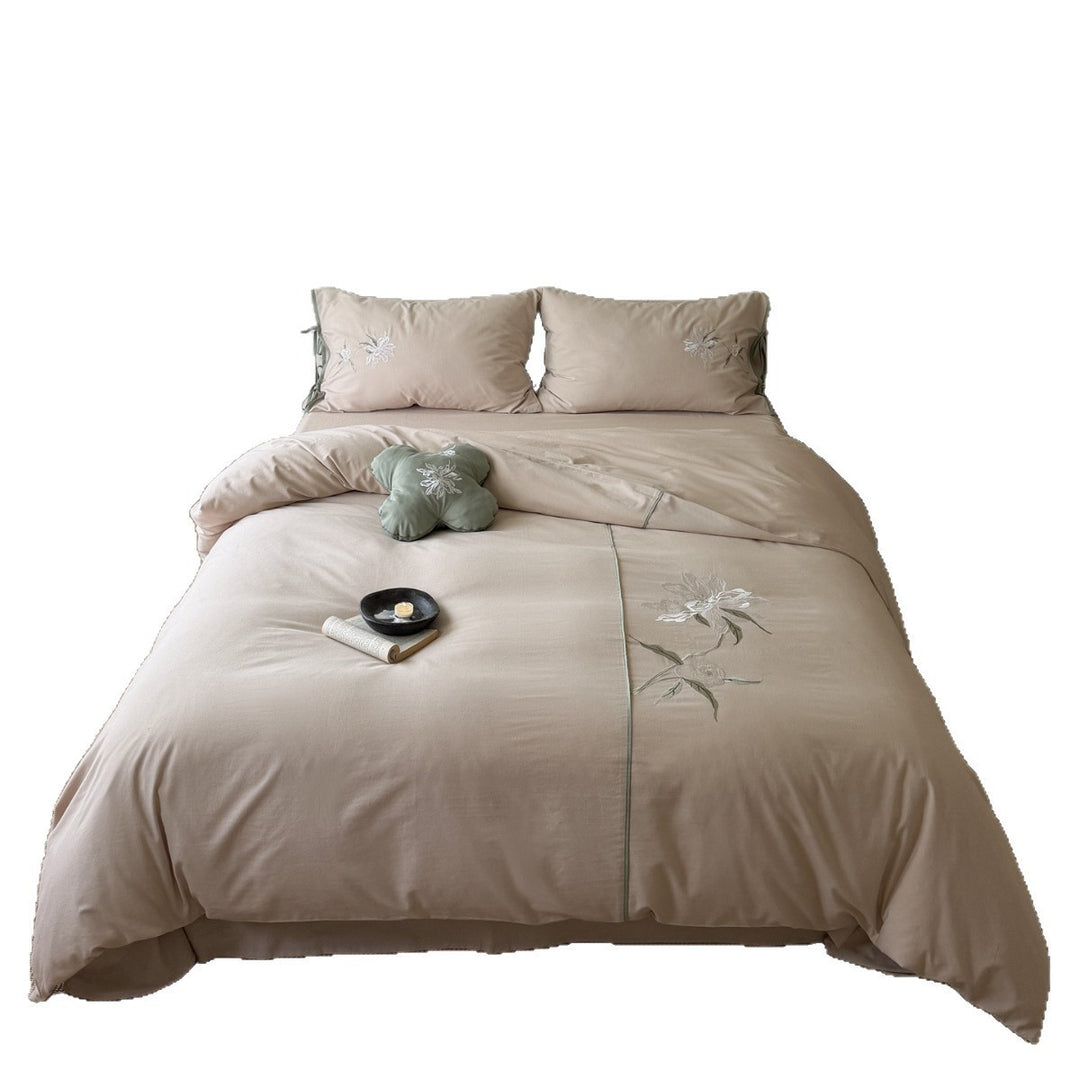 Embroidered Cotton Duvet Cover Set with Tie-Closure Pillowcases