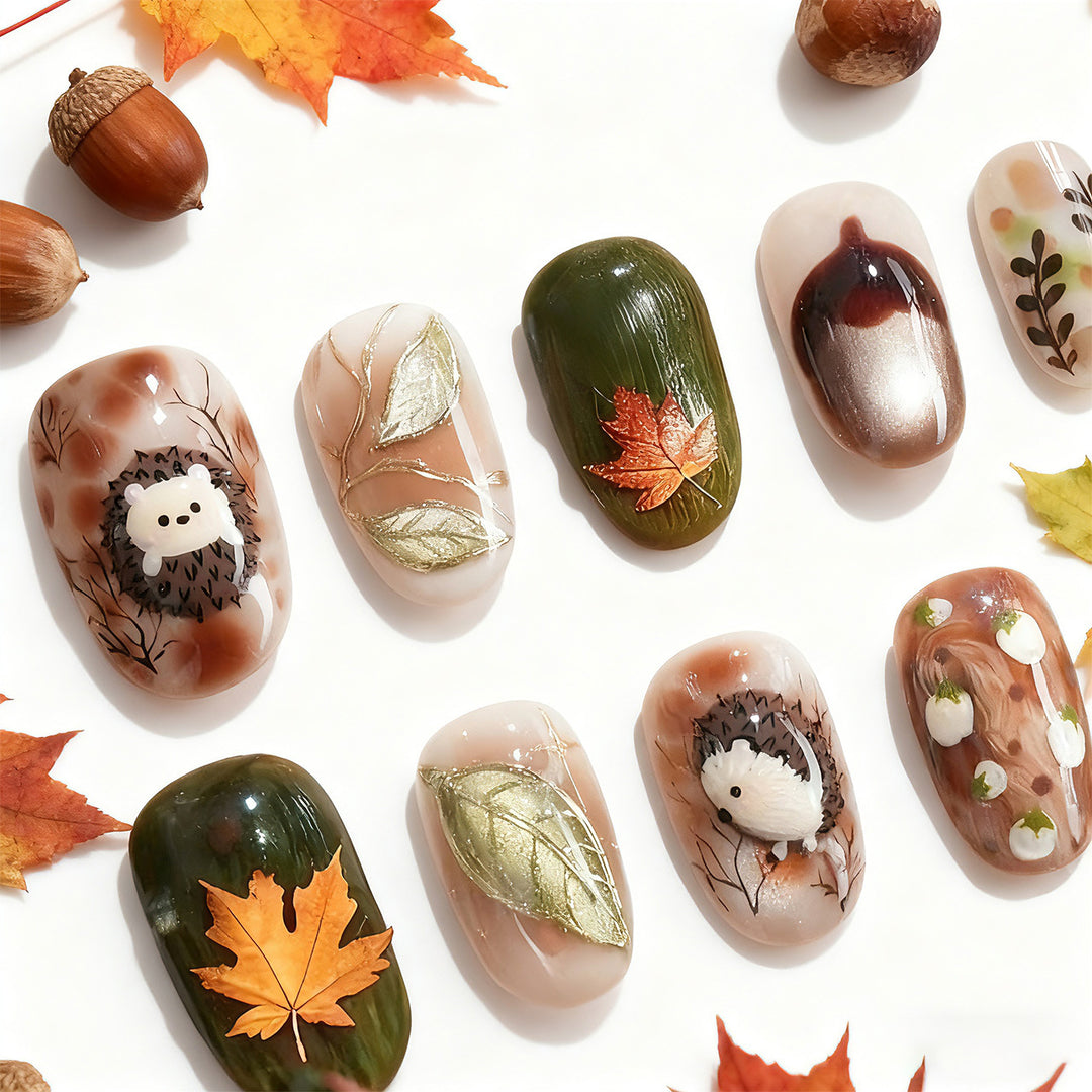 Artistic Autumn Themed Press-On Nail Art Set Stornfield