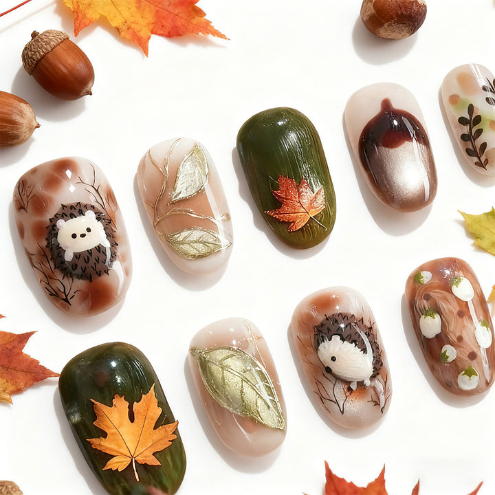 Artistic Autumn Themed Press-On Nail Art Set Stornfield