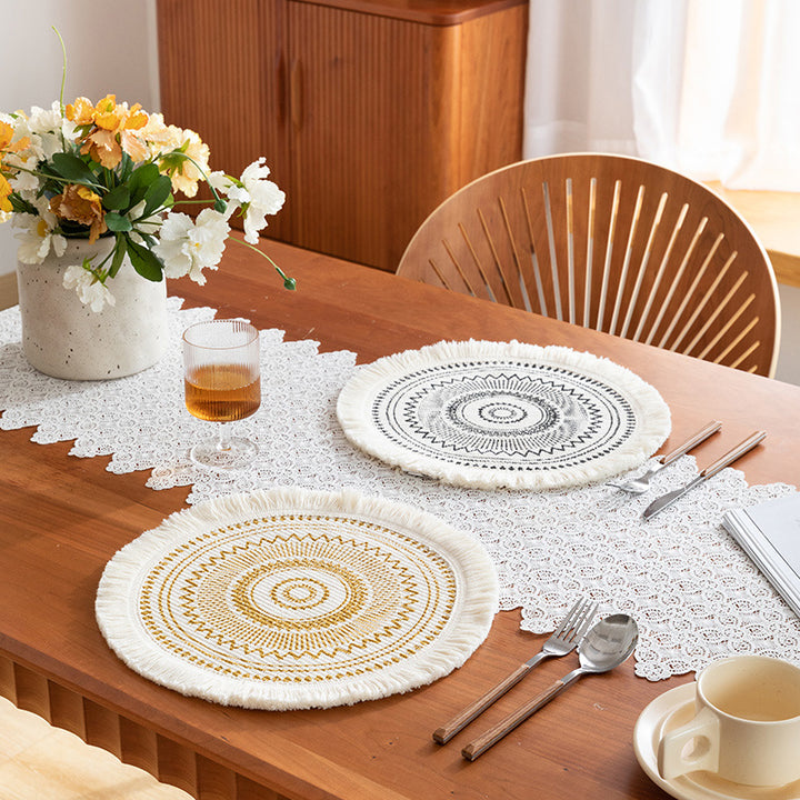 Round woven Boho rug mat with decorative fringes Stornfield