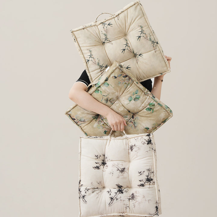 Padded square seat cushion with tufted stitching and fine bamboo print Stornfield