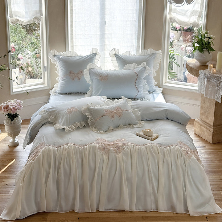 Ruffled Embroidered Bow Duvet Cover Set with Pleated Bed Skirt