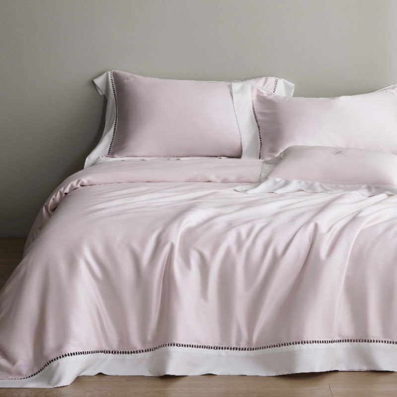 Luxury Sateen Duvet Cover Set with Contrast Hem and Eyelet-Embroidered Shams