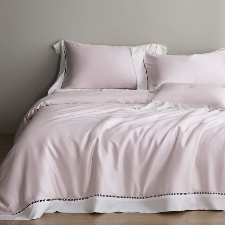 Luxury Sateen Duvet Cover Set with Contrast Hem and Eyelet-Embroidered Shams