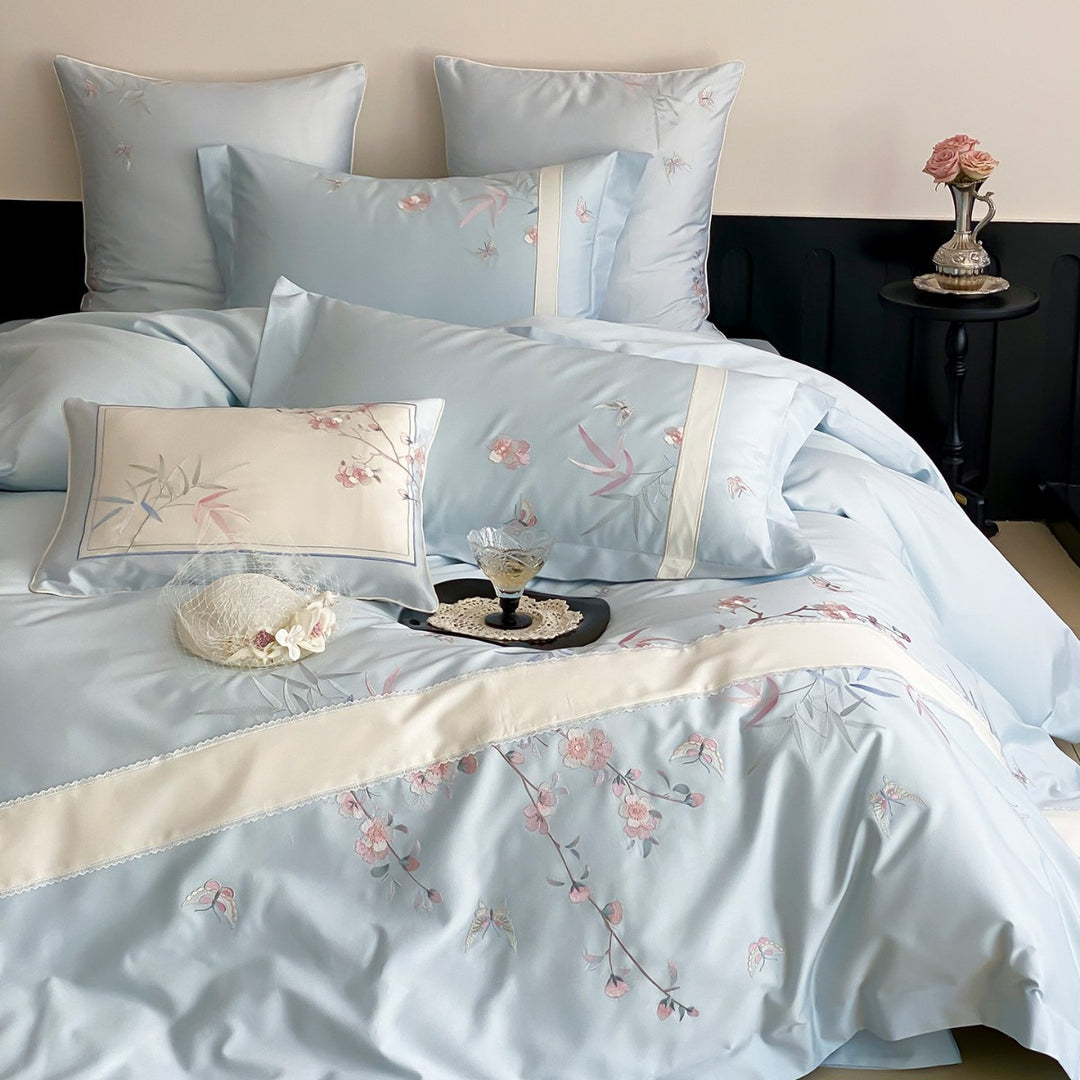 Silk-Feel Reversible Embroidered Botanical Duvet Cover Set with Satin-Trim Shams