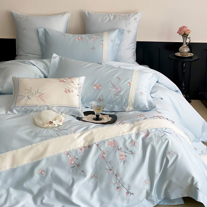 Silk-Feel Reversible Embroidered Botanical Duvet Cover Set with Satin-Trim Shams
