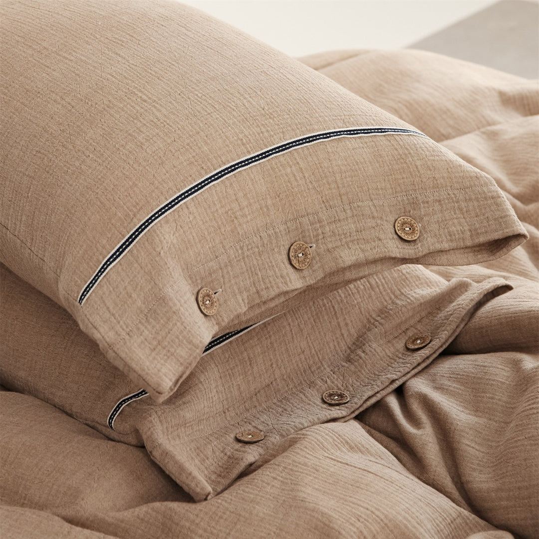 Crinkled Cotton Gauze Duvet Cover & Button-Closure Pillowcase Set with Decorative Metal Buttons and Contrast Tape Trim
