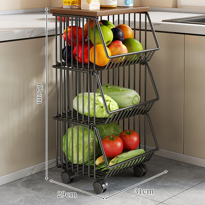 Countertop Wooden-Top Metal Wire Produce Storage Basket with Front-Tilt Access