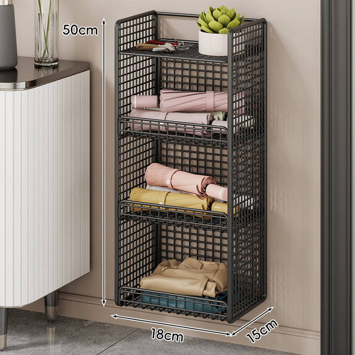 Wall-Mounted Mesh Entryway Organizer with Three-Tier Shelves and Side Umbrella Rack