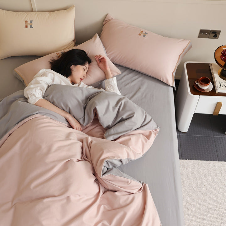 Two-Tone Luxury Cotton Percale Duvet Cover Set with Reversible Finish and Embroidered Monogram