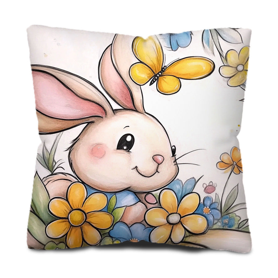 Cute Bunny and Butterfly Illustration Throw Pillow