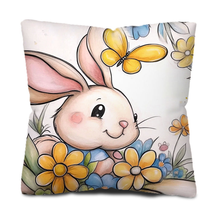 Cute Bunny and Butterfly Illustration Throw Pillow