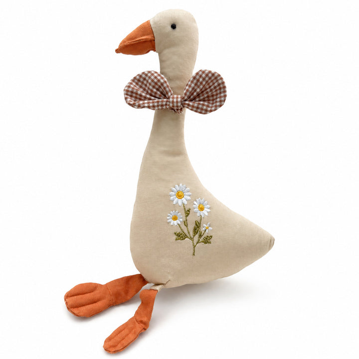 Handcrafted Linen Goose Plush Toy with Embroidered Daisy Motif and Gingham Bow