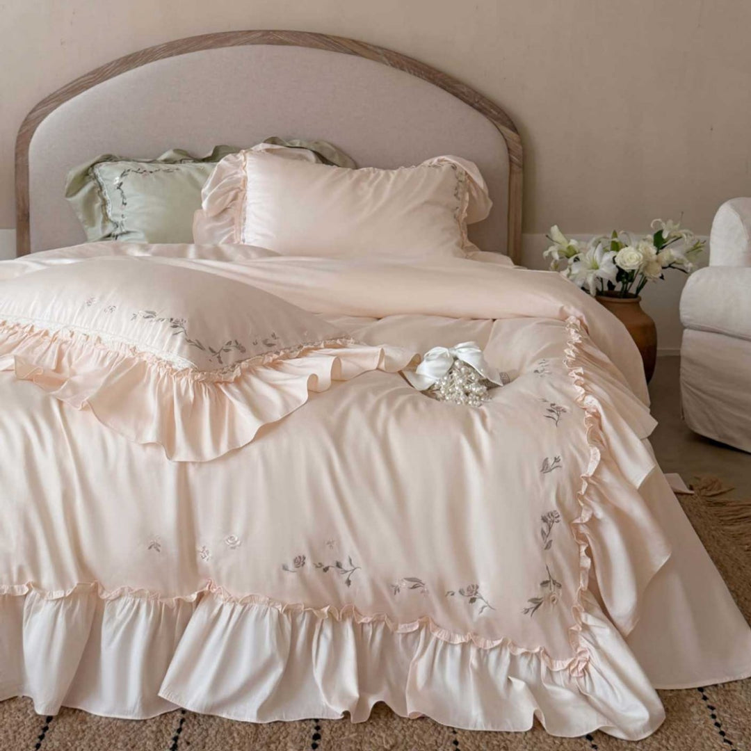Ruffled Satin-Feel Embroidered Duvet Cover Set with Pillow Shams