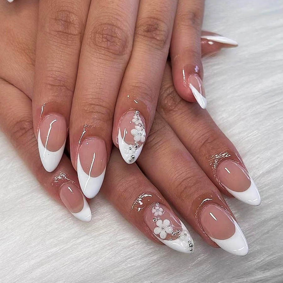 Acrylic Nail Set with Filigree Flower Decorations and Elegant French Design Stornfield
