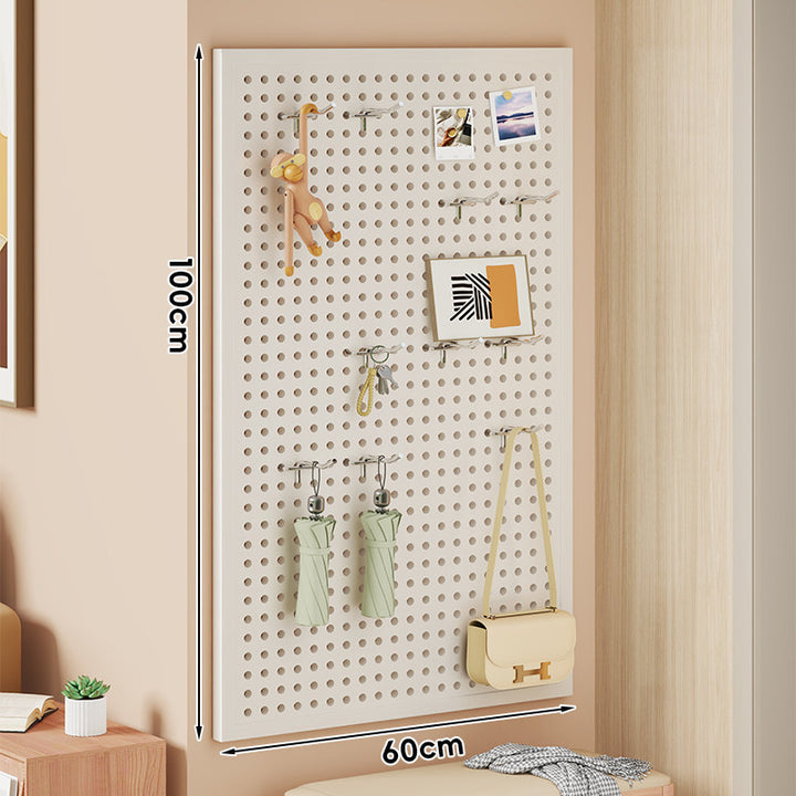 Large Vertical Perforated Wall Storage Panel with Adjustable Hooks and Accessory Mounts
