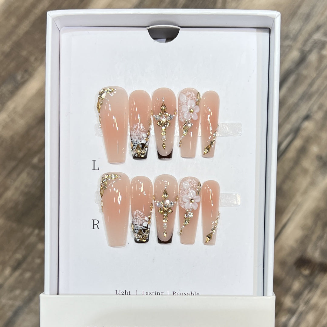 Artistic Reusable Press-On Nail Set with Floral and Gold Accents Stornfield