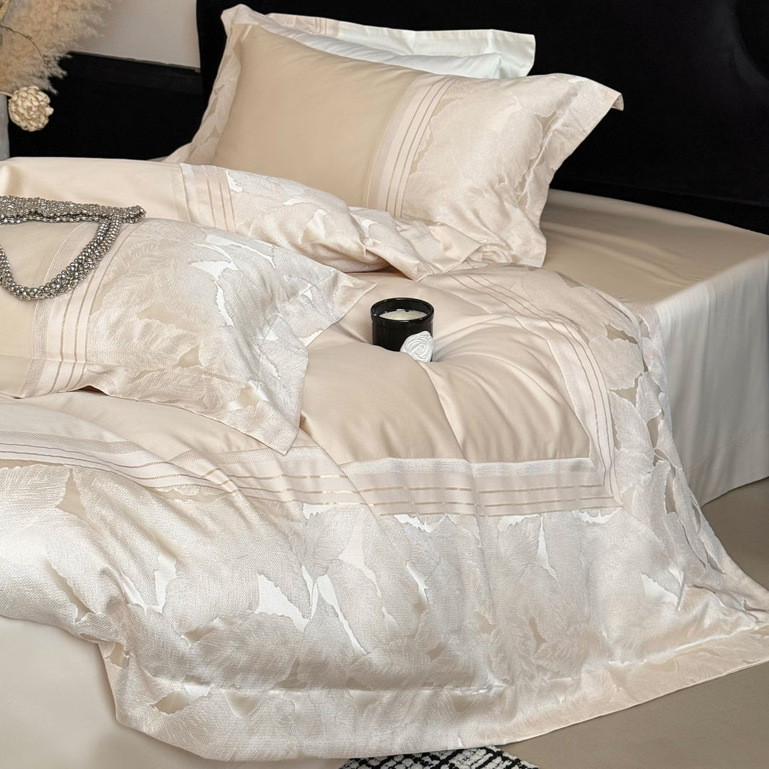 Luxury Satin Jacquard Floral Duvet Cover Set with Pleated Bed Skirt