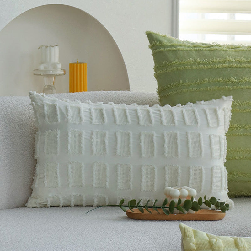 Square decorative pillow cover made of cotton blend with relief rectangular tufts and fringed edge Stornfield