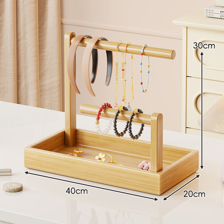 Wooden Dual-Tier Jewelry Organizer Stand with Felt-Lined Tray