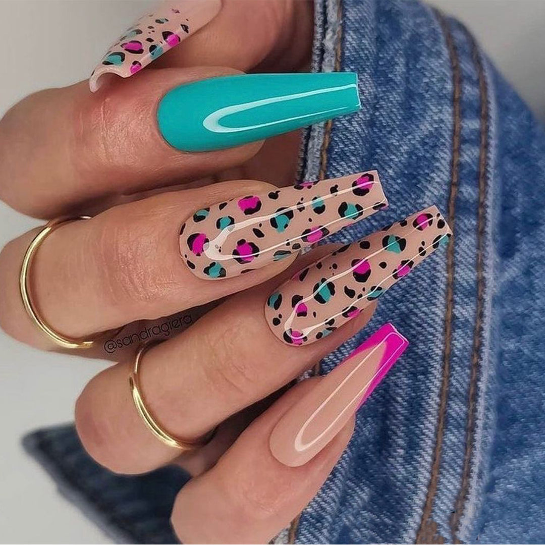 Artful Nail Extensions with Leopard Pattern and Neon Accents Stornfield