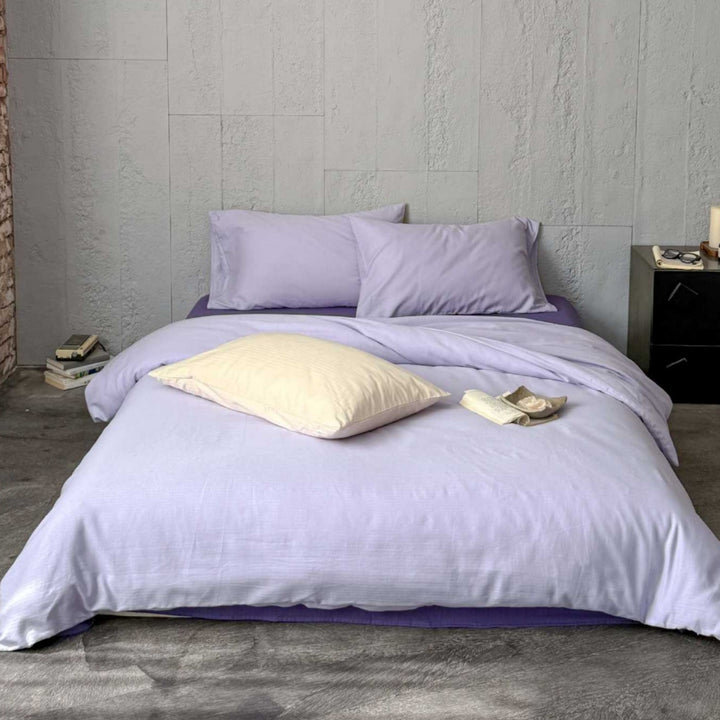 Minimalist Stripe-Textured Cotton Sateen Duvet Cover and Pillowcase Set with Hidden Zipper