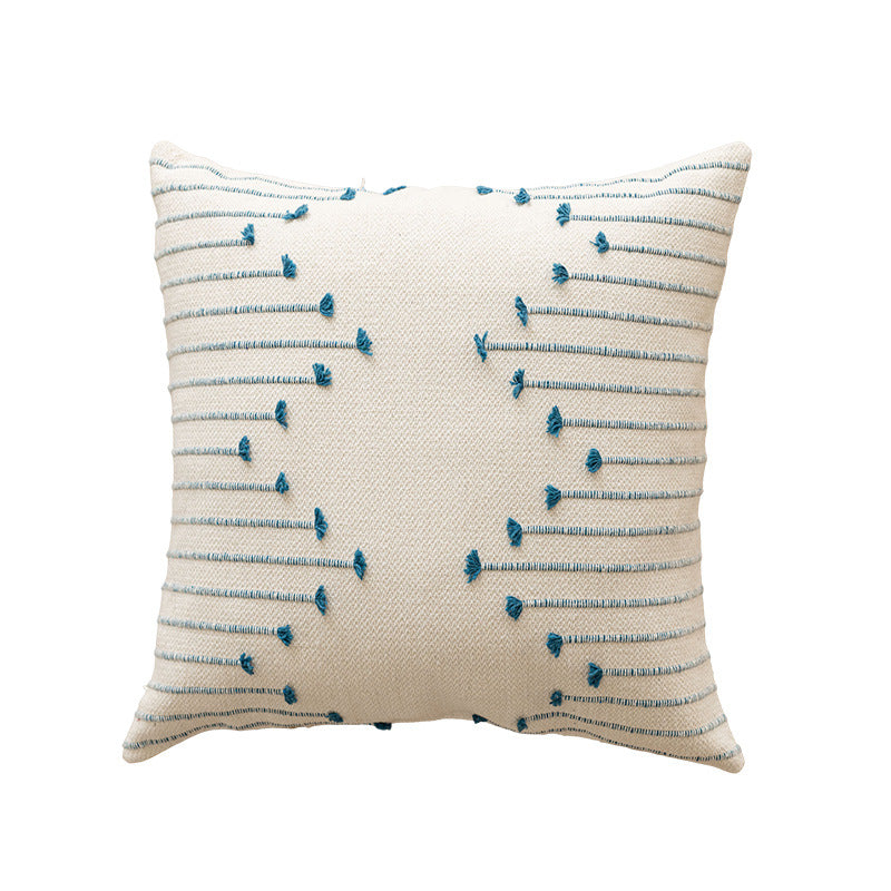 Handwoven Cotton Square Throw Pillow Cover with Tufted Linear Embroidery and Hidden Zipper
