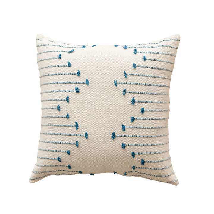 Handwoven Cotton Square Throw Pillow Cover with Tufted Linear Embroidery and Hidden Zipper