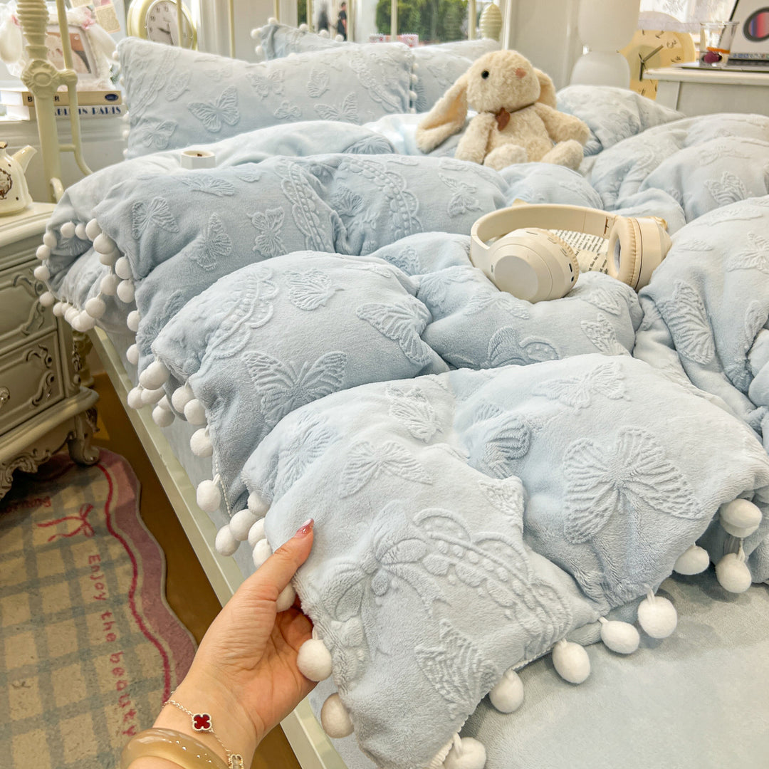 Plush Embossed Butterfly Duvet Cover Set with Pom-Pom Trim