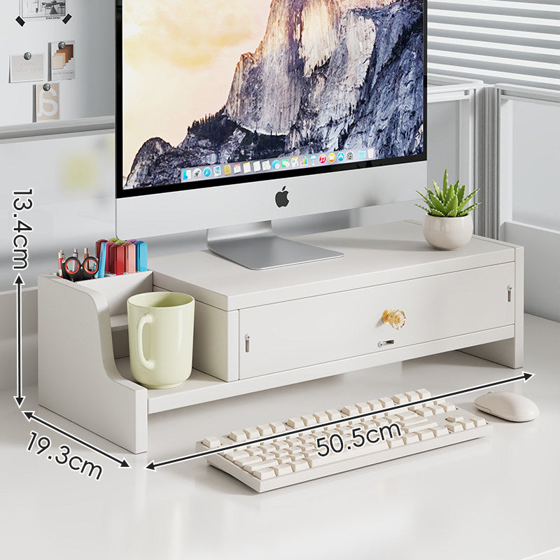 Elevated Bamboo Desktop Stand with Lockable Drawer and Integrated Cup & Stationery Caddy
