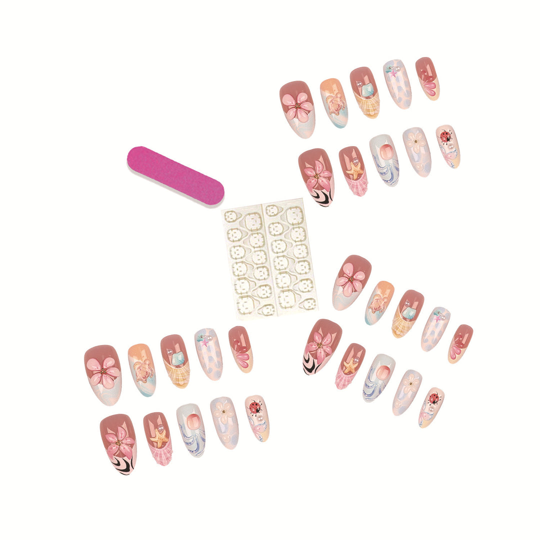 Artistic Press-On Nail Set with Floral and Shell Designs