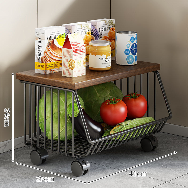 Two-Tier Countertop Vegetable and Pantry Storage Rack with Walnut Wood Top and Sliding Wire Basket