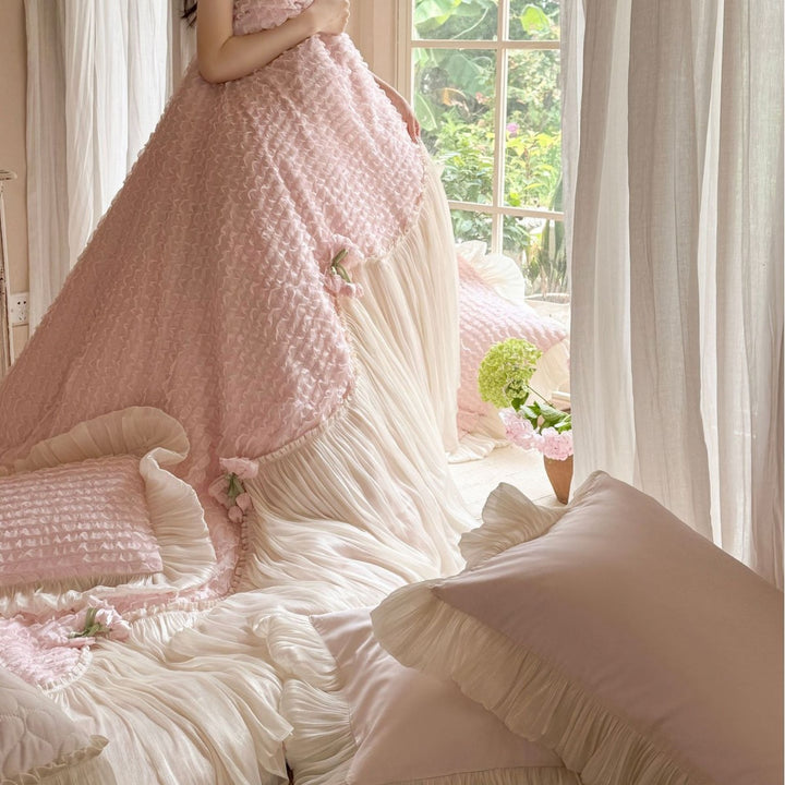 Luxurious duvet cover set with pleated bed skirt, ruffles and delicate frill decoration