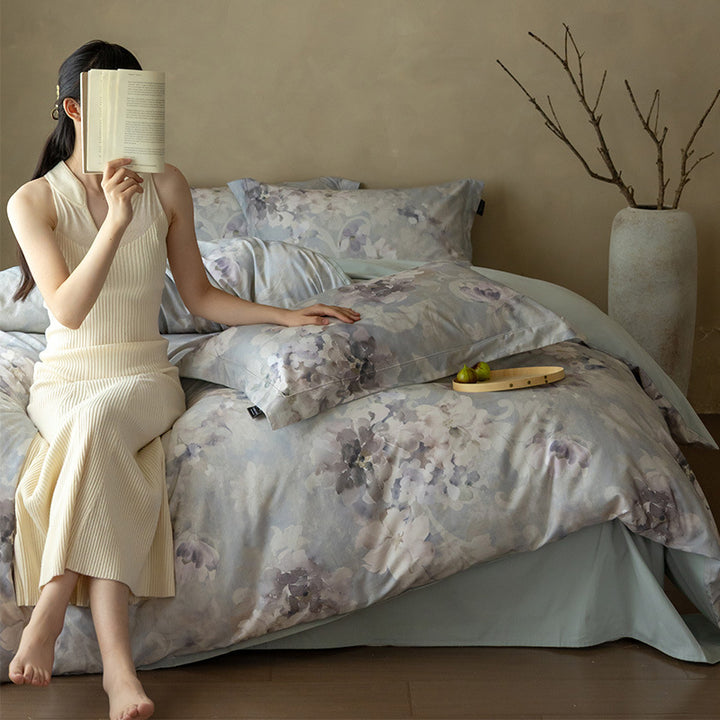 Botanical Watercolor Cotton Sateen Reversible Duvet Cover Set with Envelope Pillow Shams