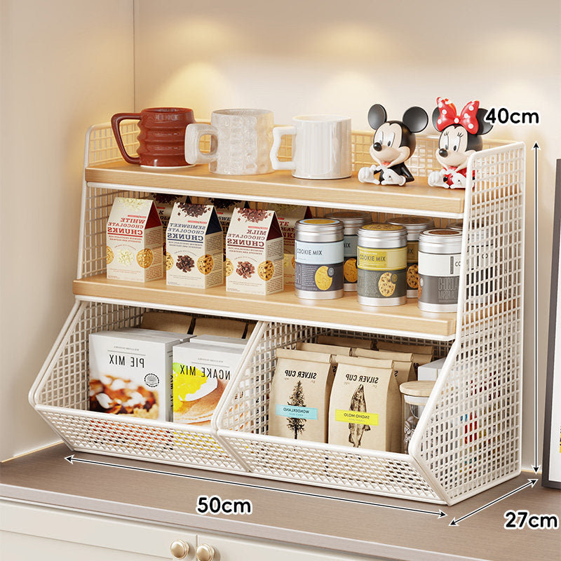 Compact Mesh Countertop Pantry Organizer with Two Wooden Shelves and Deep Front Basket