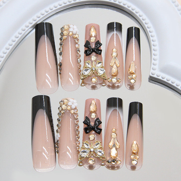 Artificial nail set with elegant 3D decorations and crystal accents Stornfield