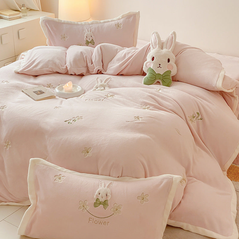 Embroidered Plush Bunny Comforter Bedding Set with Decorative Pillow Shams