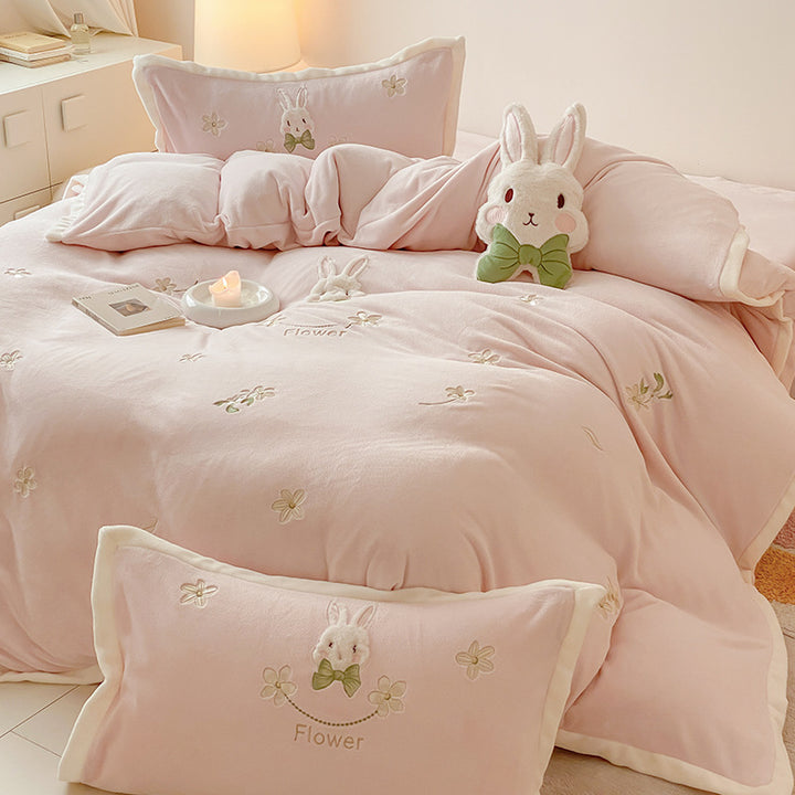 Embroidered Plush Bunny Comforter Bedding Set with Decorative Pillow Shams