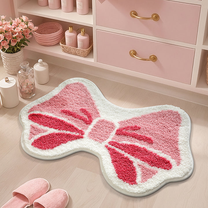 Shaped Bow-Accent Plush Contour Bath Rug with Non-Slip Backing