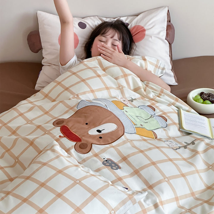 Children's Panda Appliqué Cotton Sateen Duvet Cover Set with Grid Print and Reversible Pillowcase