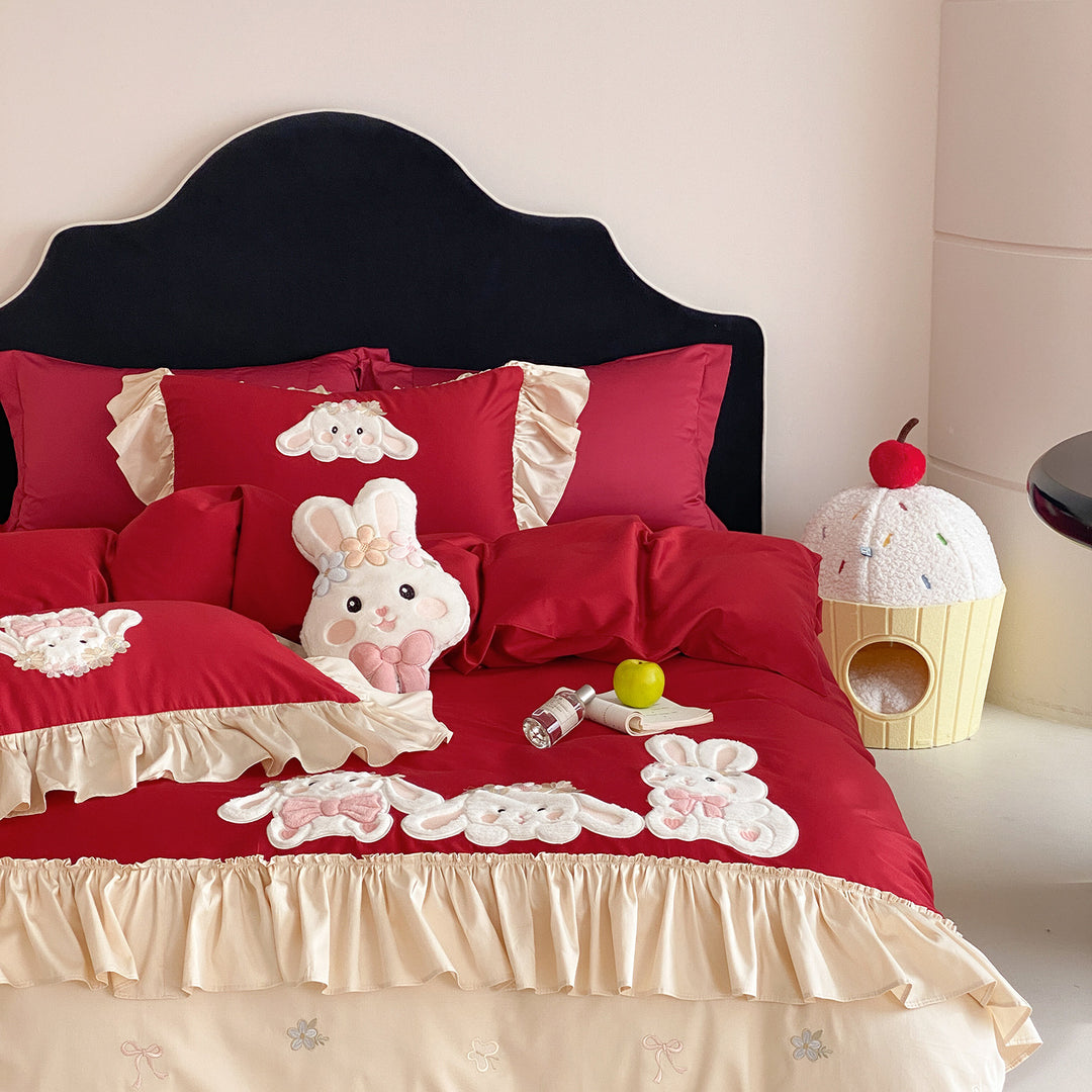 Embroidered Ruffled Bunny Appliqué Duvet Cover Bedding Set