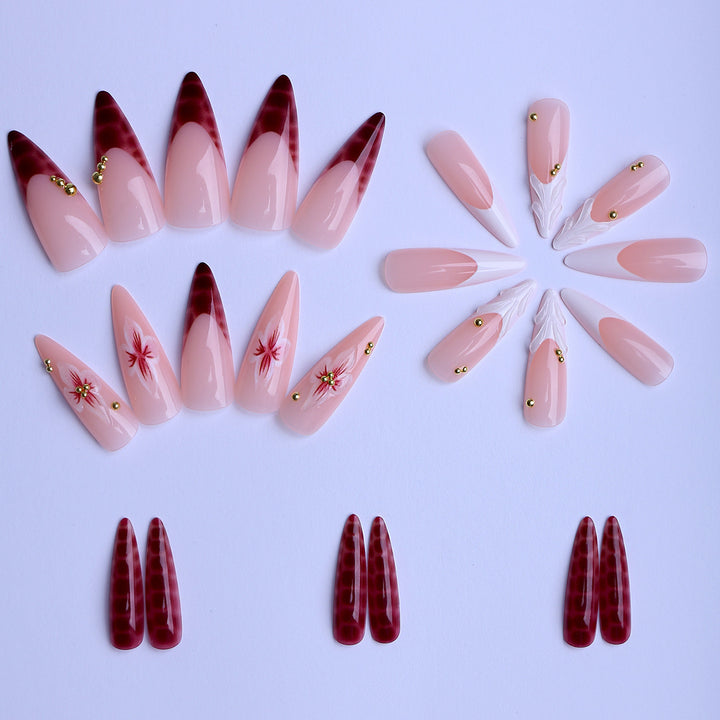 Artificial Nails in Elegant Modern Stiletto Style with Floral Design and Golden Accents Stornfield