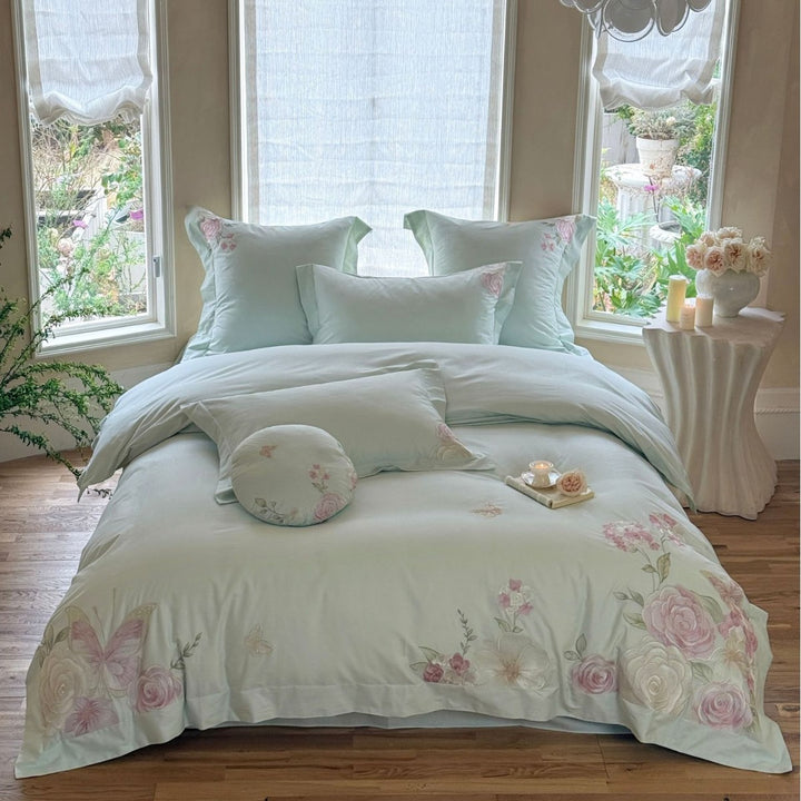 Embroidered Floral Cotton Sateen Duvet Cover Bedding Set with Decorative Shams & Round Throw Pillow