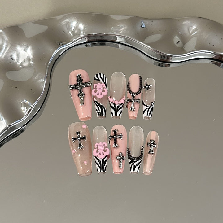 Stylish Cross-Embellished Press-On Nail Set
