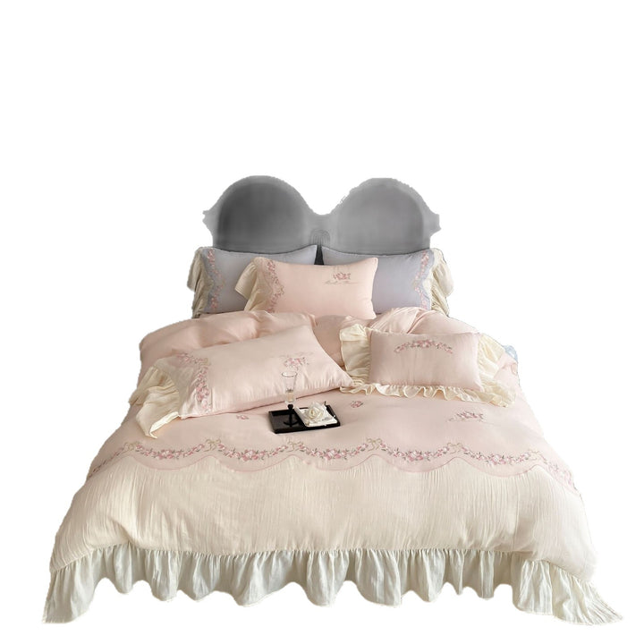 Deluxe Cotton Sateen Floral Embroidery Duvet Cover Set with Ruffled Bedskirt & Oxford Shams