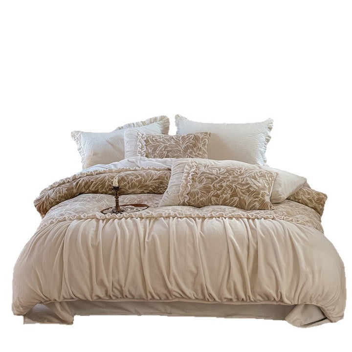 Botanical Ruched Cotton-Linen Duvet Cover Set with Gathered Hem & Quilted Shams