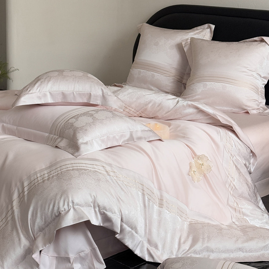 Luxury Jacquard Sateen Duvet Cover Set with Embroidered Floral Trim
