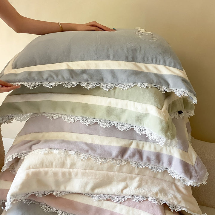 Embroidered Lace-Trim Plush Velvet Duvet Cover Set with Decorative Pillow Shams